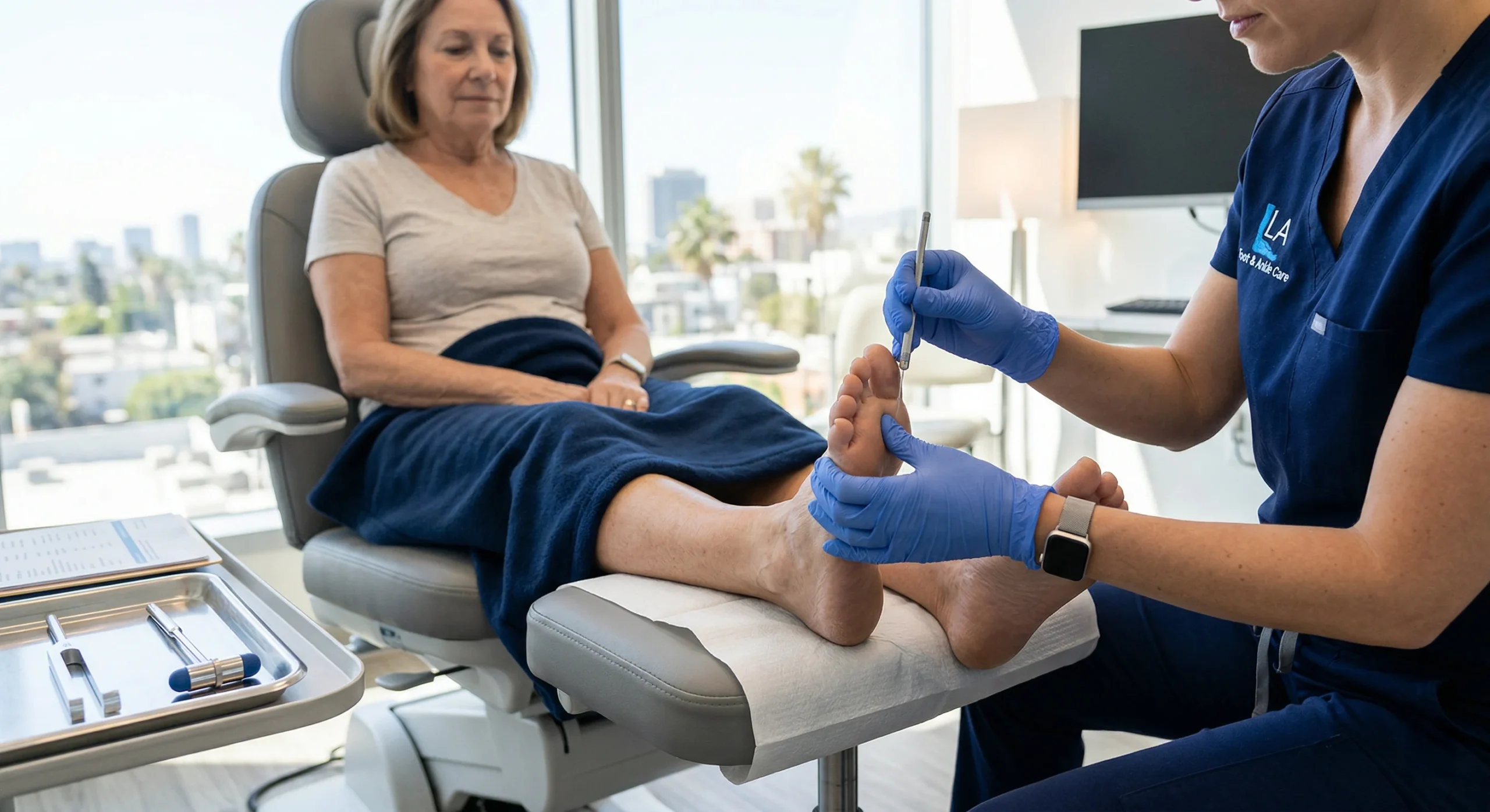 A wider-angle photograph from a clean, modern medical office in Los Angeles. An older female patient, with short blonde hair and a light t-shirt, is seated in a gray, reclining medical chair, covered by a blue blanket and looking towards the camera. She rests her bare feet on a white sterile drape. A female clinician in navy blue scrubs and blue gloves is positioned on the right, actively working on the patient’s foot with a small, precise surgical tool. Text on the clinician's badge includes 'Dr.' and 'Medical Podiatrist' (specific names blurred). In the blurred foreground tray, sterile tuning forks are visible. The background shows a modern city skyline and palm trees through a large, bright window, and a modern desk. Sunlight from the window brightly illuminates the room and the foot.