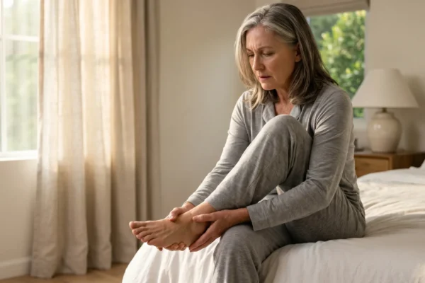 A horizontally composed medium shot of a concerned woman with grey hair in light grey pajamas, sitting on a bed with white linen. Bright, natural daylight filters in from an unseen window to the left. She leans down, looking at her bare right foot which is resting on her left thigh, gently touching it with both hands. Her face is in focus with an upset expression. The background features blurred window curtains and a nightstand with a lamp. No text is visible.