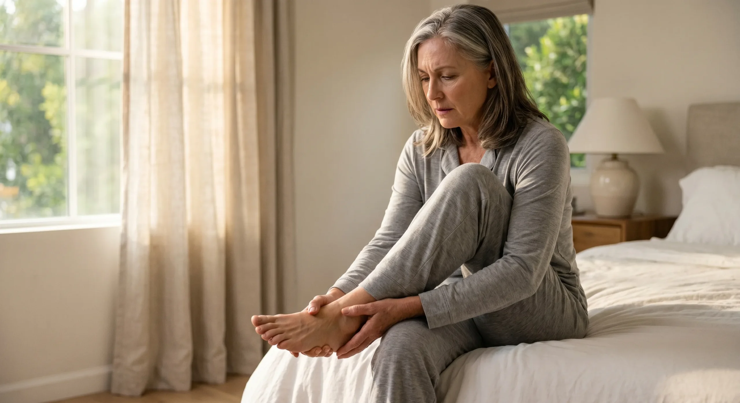 A horizontally composed medium shot of a concerned woman with grey hair in light grey pajamas, sitting on a bed with white linen. Bright, natural daylight filters in from an unseen window to the left. She leans down, looking at her bare right foot which is resting on her left thigh, gently touching it with both hands. Her face is in focus with an upset expression. The background features blurred window curtains and a nightstand with a lamp. No text is visible.