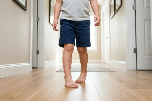 A low-angle, eye-level shot focusing on a child’s legs and bare feet walking down a brightly lit domestic hallway. The composition clearly captures the inward rotation of the feet, demonstrating in-toeing. The lighting is clean and natural, coming from a distant window, while the wooden floor has a light, matte grain texture. File-name: pigeon-feet-in-toeing-gait-pediatric-podiatrist.