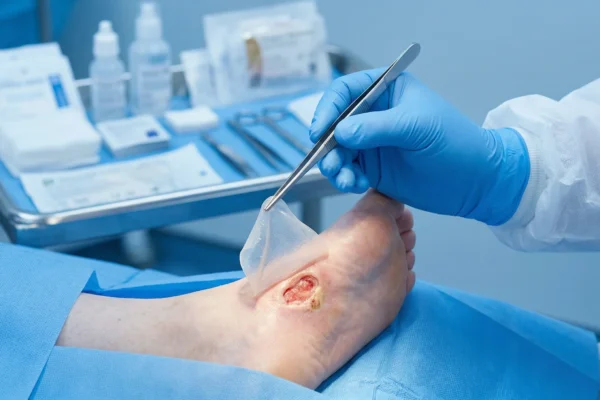 A close-up, clinical photograph from a low perspective, showing blue medical drapes as the foreground and background. A doctor in blue gloves and a white gown is centrally positioned, using sterile metal forceps to carefully lift a translucent biological membrane over a circular, open wound on a patient's bare foot. The bare foot is resting on the blue drapes. In the slightly blurred background, a stainless steel surgical tray holds generic medical bottles and sterile packs, some with white text like 'STERILE PACK' on blue packaging. The scene is illuminated by cool, bright professional medical lighting, highlighting the sterile instruments.