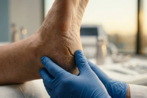 A cinematic macro photograph captures the detailed, rough texture of a dry heel with deep vertical fissures, illuminated by warm, directional golden-hour lighting that creates soft highlights on skin ridges. The foot is centrally framed by two hands in vivid blue nitrile medical gloves against a softly blurred, minimalist clinical background featuring metallic instruments and a warm sunset glow from a large window. The composition uses a shallow depth of field to pull sharp focus onto the skin's texture while keeping the high-end medical office in a soft bokeh.