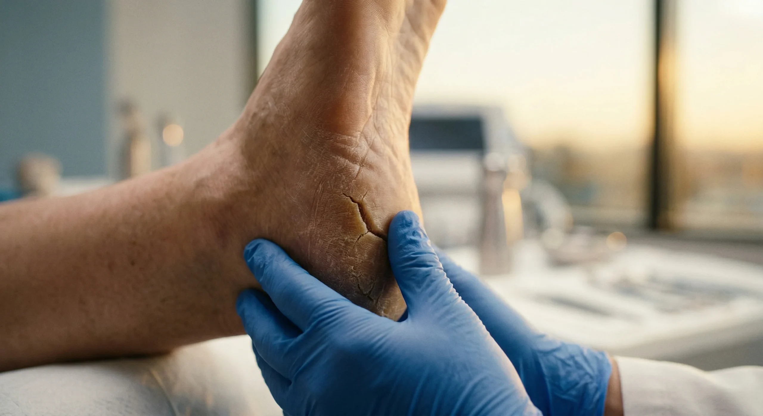 A cinematic macro photograph captures the detailed, rough texture of a dry heel with deep vertical fissures, illuminated by warm, directional golden-hour lighting that creates soft highlights on skin ridges. The foot is centrally framed by two hands in vivid blue nitrile medical gloves against a softly blurred, minimalist clinical background featuring metallic instruments and a warm sunset glow from a large window. The composition uses a shallow depth of field to pull sharp focus onto the skin's texture while keeping the high-end medical office in a soft bokeh.