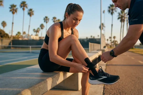 A cinematic medium shot captured in warm, directional golden hour light that creates high-contrast highlights on the athlete's skin. The composition follows the rule of thirds, with the subjects seated on a textured grey concrete bench. To the left, a vibrant blue tennis court is blurred in the shallow depth of field, while the right background features a paved path lined with tall, slender palm trees against a clear, pale blue sky. The matte black kinesiology tape provides a sharp texture contrast against the skin.