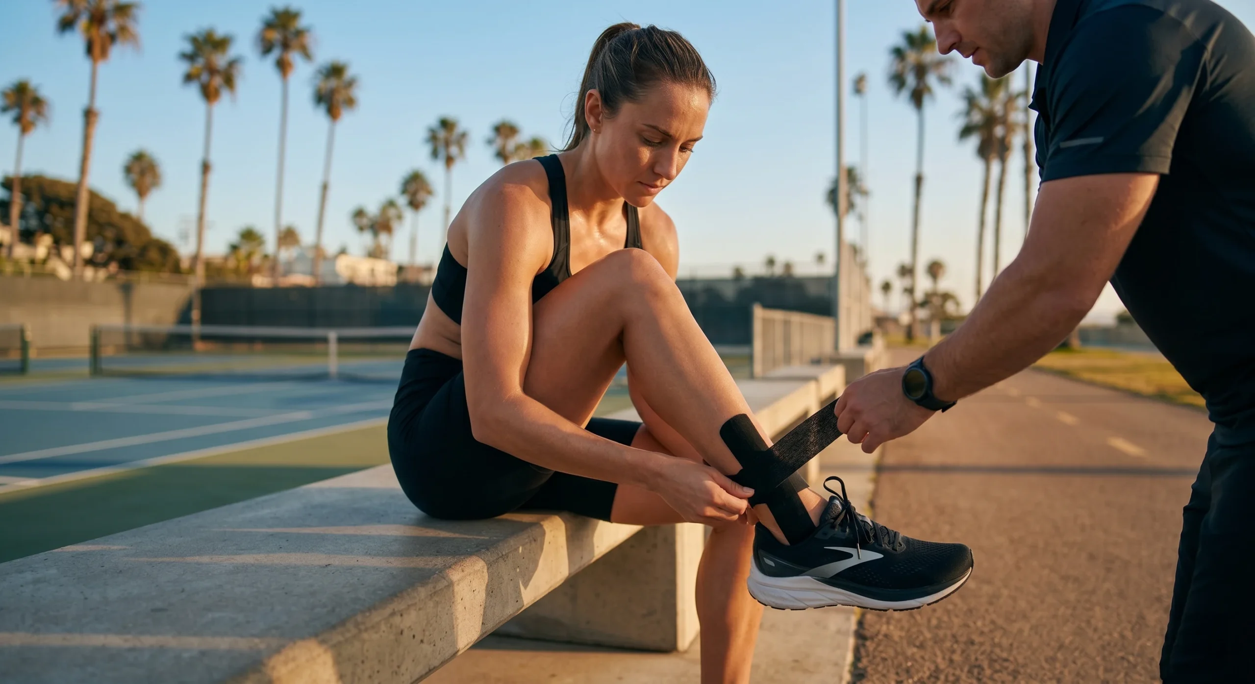 A cinematic medium shot captured in warm, directional golden hour light that creates high-contrast highlights on the athlete's skin. The composition follows the rule of thirds, with the subjects seated on a textured grey concrete bench. To the left, a vibrant blue tennis court is blurred in the shallow depth of field, while the right background features a paved path lined with tall, slender palm trees against a clear, pale blue sky. The matte black kinesiology tape provides a sharp texture contrast against the skin.