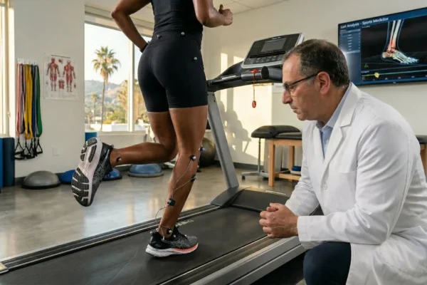 A dynamic, interactive photograph capturing a modern sports medicine gait analysis session bathed in warm natural light from a large window. The medium shot features a female athlete in black athletic wear running on a treadmill on the left, viewed from the rear-side, with motion-capture sensors and intricate wires attached to her lower legs. She is focused forward. On the right, a male doctor in a clean white lab coat with a visible name badge ("Dr. Kaplansky") kneels, observing her attentively. The composition balances the active runner and the observant physician. The background on the right is dominated by a large wall-mounted monitor displaying vibrant blue and green data visualizations, a 3D foot model, pressure maps, and clear text: "Gait Analysis - Sports Medicine". To the left is a metal rack with colorful resistance bands and various medical equipment, including BOSU balls, with a blurry view of palm trees and hills through the window. The focus is sharp in the foreground on the doctor and athlete, with a gradual softening into the background.