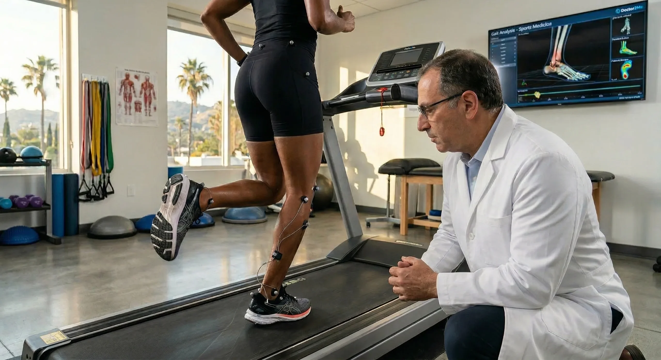 A dynamic, interactive photograph capturing a modern sports medicine gait analysis session bathed in warm natural light from a large window. The medium shot features a female athlete in black athletic wear running on a treadmill on the left, viewed from the rear-side, with motion-capture sensors and intricate wires attached to her lower legs. She is focused forward. On the right, a male doctor in a clean white lab coat with a visible name badge ("Dr. Kaplansky") kneels, observing her attentively. The composition balances the active runner and the observant physician. The background on the right is dominated by a large wall-mounted monitor displaying vibrant blue and green data visualizations, a 3D foot model, pressure maps, and clear text: "Gait Analysis - Sports Medicine". To the left is a metal rack with colorful resistance bands and various medical equipment, including BOSU balls, with a blurry view of palm trees and hills through the window. The focus is sharp in the foreground on the doctor and athlete, with a gradual softening into the background.