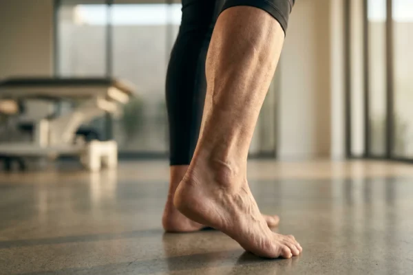 A low-angle, cinematic macro shot of an ankle and calf in profile, illuminated by warm, high-contrast side-lighting that emphasizes the sculptural definition of the Achilles tendon and lower leg musculature. The skin exhibits realistic textures and fine lines characteristic of a mature athlete. The composition uses a shallow depth of field, with the background showing a minimalist medical clinic and equipment in soft focus (bokeh), creating a professional and high-end medical editorial aesthetic.