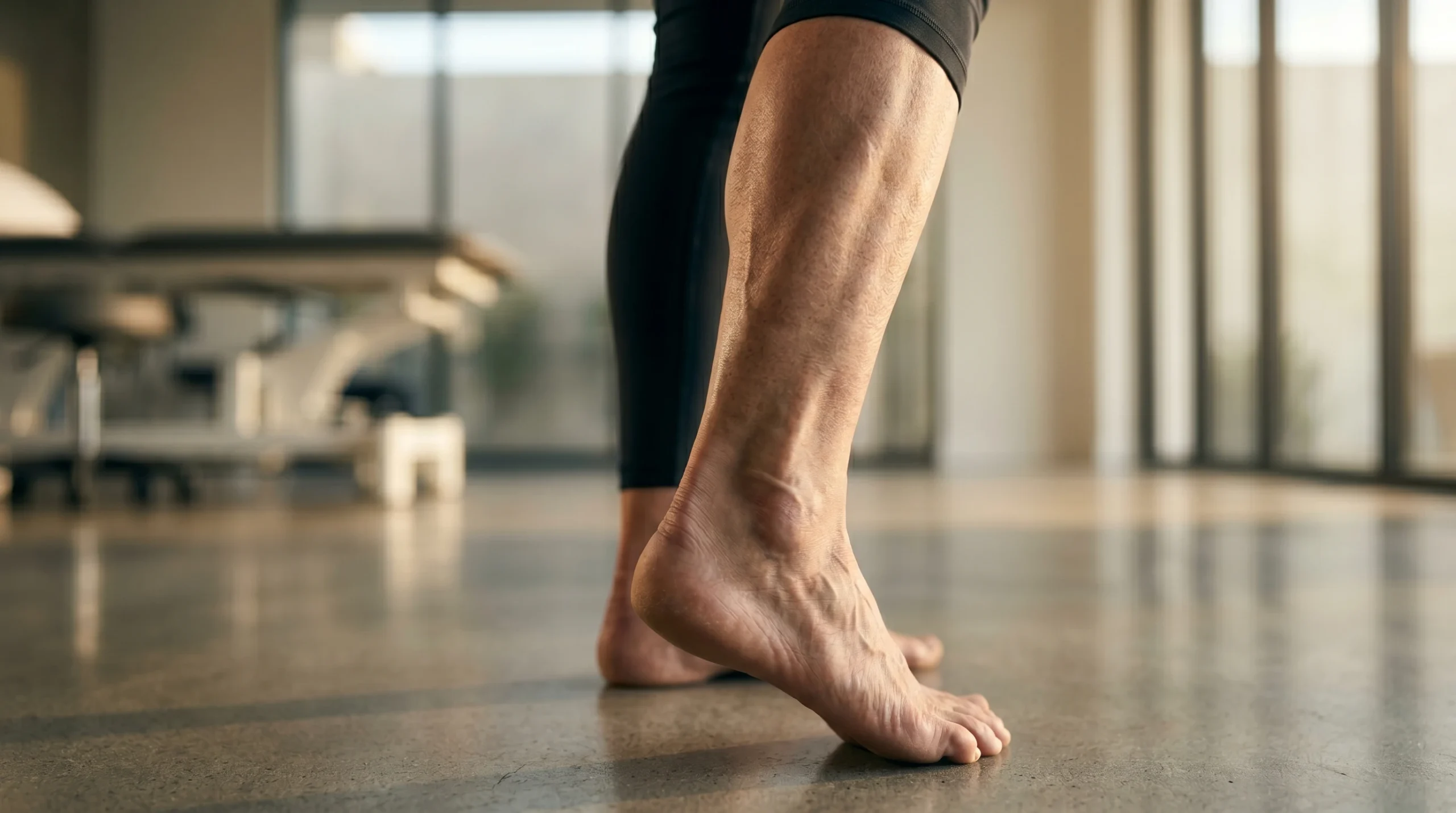 A low-angle, cinematic macro shot of an ankle and calf in profile, illuminated by warm, high-contrast side-lighting that emphasizes the sculptural definition of the Achilles tendon and lower leg musculature. The skin exhibits realistic textures and fine lines characteristic of a mature athlete. The composition uses a shallow depth of field, with the background showing a minimalist medical clinic and equipment in soft focus (bokeh), creating a professional and high-end medical editorial aesthetic.