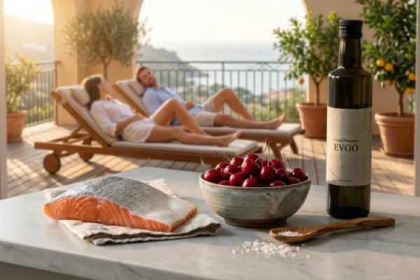 Cinematic, warm golden-hour lighting illuminates a pristine marble countertop in the sharp foreground, featuring a raw salmon fillet on a linen cloth, a rustic ceramic bowl of deep red cherries, and a dark glass bottle labeled "- Cold Pressed - EVOO". The composition uses a shallow depth of field, leading the eye to a softly blurred background where a couple relaxes barefoot on wooden lounge chairs on a sunlit Mediterranean terrace, visually connecting these best anti-inflammatory foods for foot pain with healthy, rested feet.