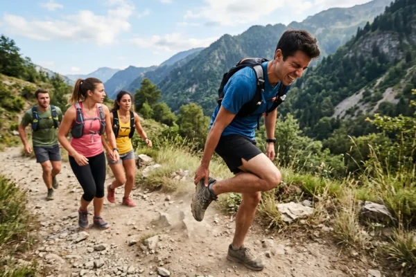 Dynamic, wide-angle action composition shot in bright, high-contrast natural sunlight. The sharp foreground focuses on a man in a blue athletic shirt grimacing in pain while grabbing the heel of his dusty trail shoe, which displays a visible crossed-stripe brand logo. The deep depth of field reveals three other hikers in the slightly softer background looking at him with concern, all framed by rugged, sun-drenched green mountain ridges and a bright sky.