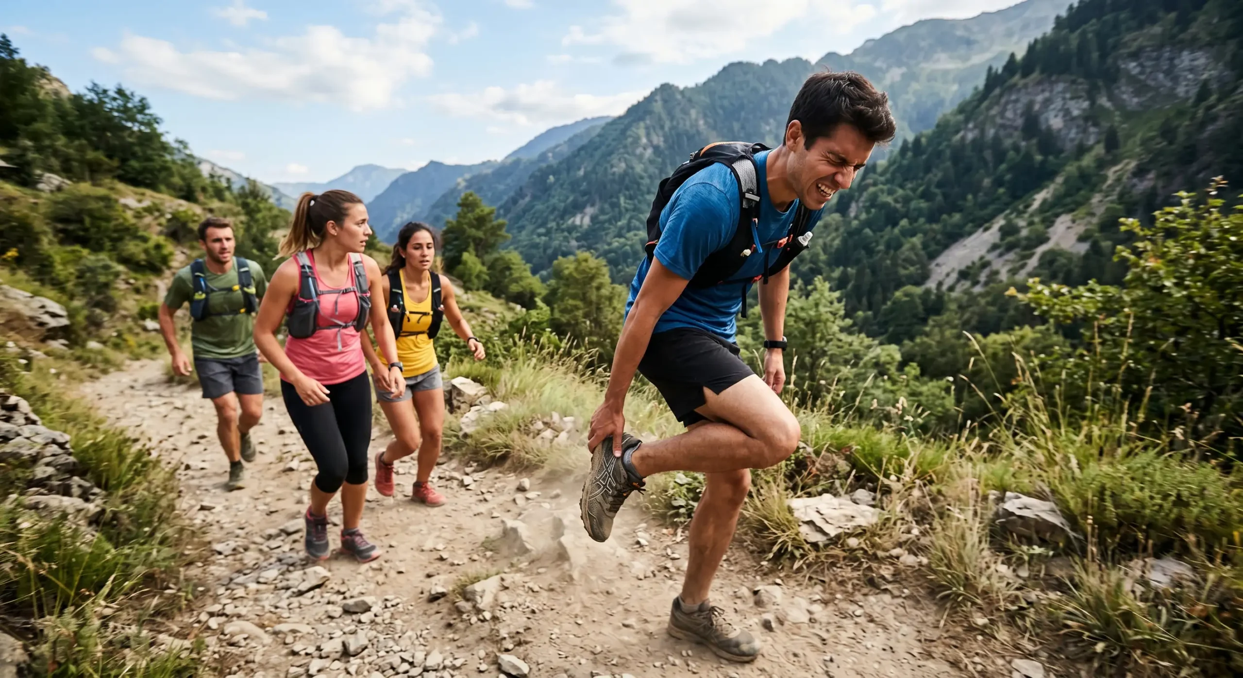 Dynamic, wide-angle action composition shot in bright, high-contrast natural sunlight. The sharp foreground focuses on a man in a blue athletic shirt grimacing in pain while grabbing the heel of his dusty trail shoe, which displays a visible crossed-stripe brand logo. The deep depth of field reveals three other hikers in the slightly softer background looking at him with concern, all framed by rugged, sun-drenched green mountain ridges and a bright sky.