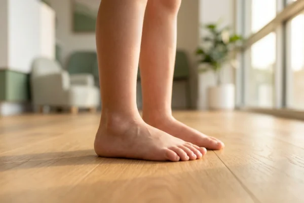 A low-angle photograph capturing bare human legs and feet standing side-on on light-colored wood floorboards. The warm, natural light coming from a large window in the background creates soft shadows and a sun-drenched atmosphere. The depth of field is very shallow, making the modern chairs and potted plant in the background softly blurred. The focus is sharp on the feet and the wood grain.