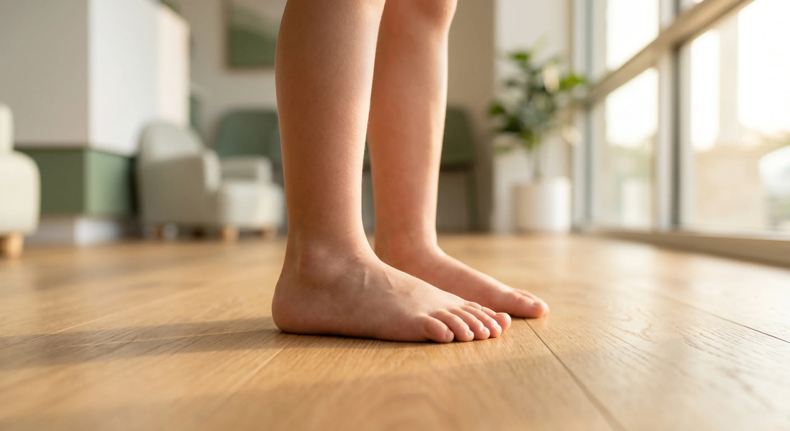 A low-angle photograph capturing bare human legs and feet standing side-on on light-colored wood floorboards. The warm, natural light coming from a large window in the background creates soft shadows and a sun-drenched atmosphere. The depth of field is very shallow, making the modern chairs and potted plant in the background softly blurred. The focus is sharp on the feet and the wood grain.