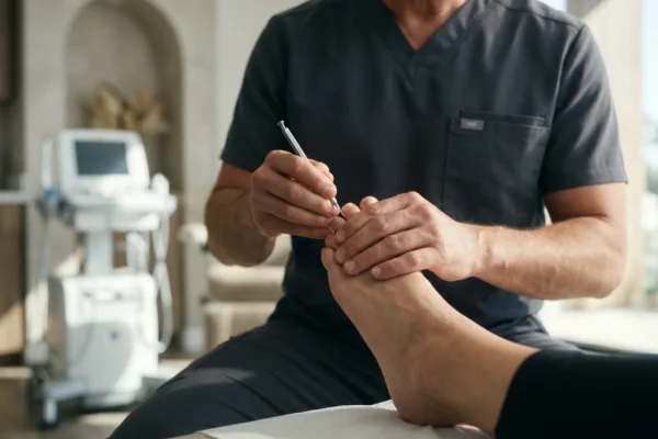 A close-up, cinematic composition utilizing a shallow depth of field to sharply focus on a practitioner's hands holding a metallic diagnostic instrument against a patient's foot. Soft, natural morning sunlight illuminates the scene from the right, casting warm, gentle highlights across the authentic skin textures and the matte charcoal scrubs. The background is intentionally blurred in soft neutral tones, revealing the sleek silhouettes of modern diagnostic equipment. A subtle, unreadable rectangular logo tag rests on the left chest pocket of the scrubs.