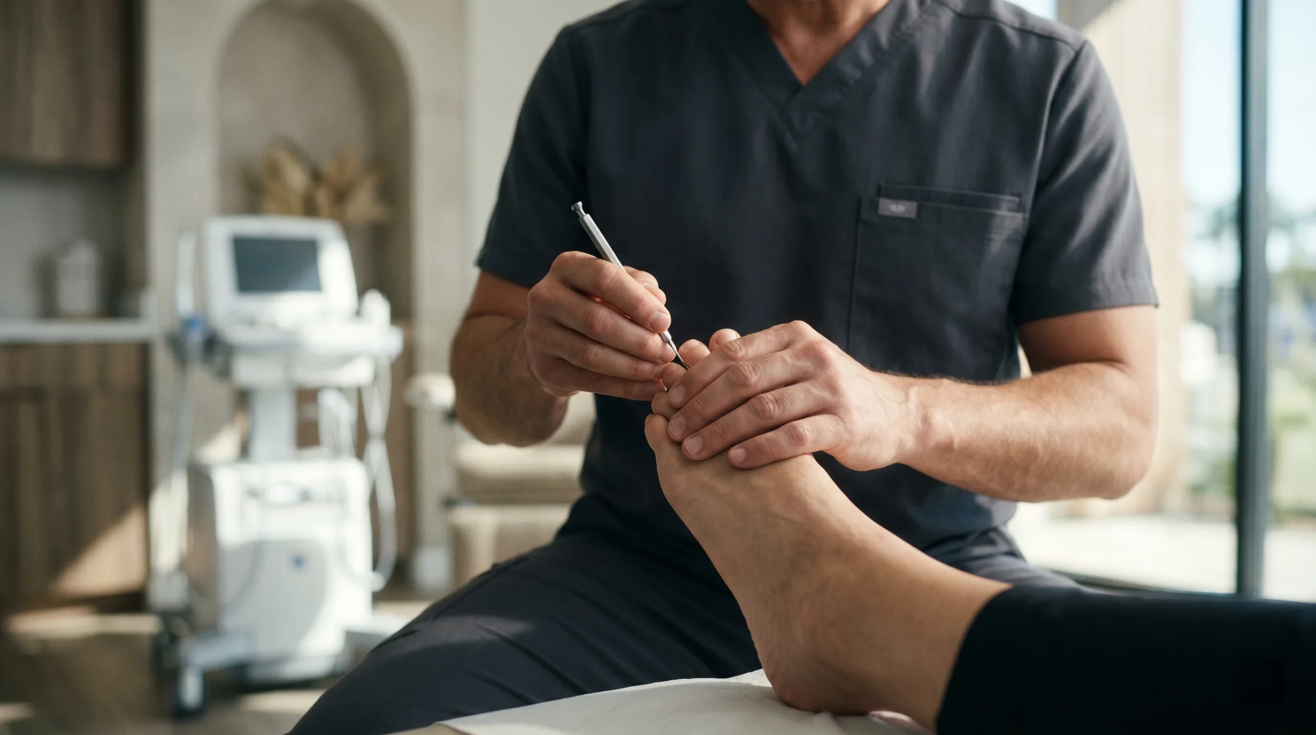 A close-up, cinematic composition utilizing a shallow depth of field to sharply focus on a practitioner's hands holding a metallic diagnostic instrument against a patient's foot. Soft, natural morning sunlight illuminates the scene from the right, casting warm, gentle highlights across the authentic skin textures and the matte charcoal scrubs. The background is intentionally blurred in soft neutral tones, revealing the sleek silhouettes of modern diagnostic equipment. A subtle, unreadable rectangular logo tag rests on the left chest pocket of the scrubs.