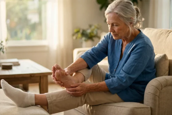 Cinematic medium shot illuminated by warm, directional golden hour light streaming from a left-side window. The composition utilizes a shallow depth of field, blurring a bright, airy living room background to place sharp focus on an elderly woman seated on a beige linen sofa. She is wearing a soft blue blouse and carefully examining the sole of her bare foot, highlighting the natural textures of aging skin and conveying a quiet, editorial-quality moment of personal senior foot care.