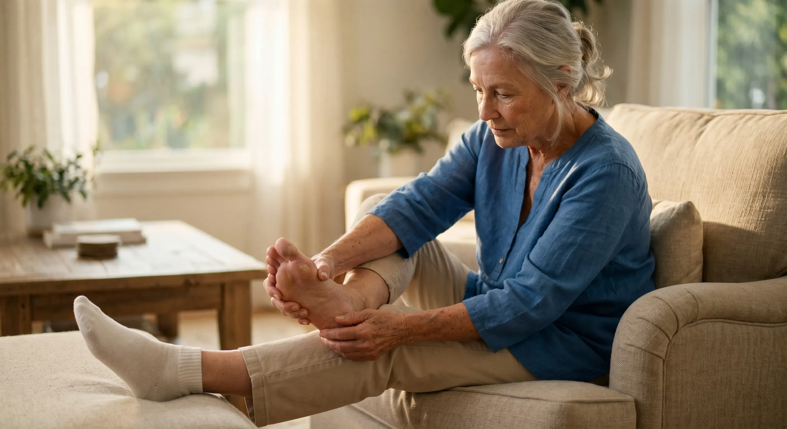 Cinematic medium shot illuminated by warm, directional golden hour light streaming from a left-side window. The composition utilizes a shallow depth of field, blurring a bright, airy living room background to place sharp focus on an elderly woman seated on a beige linen sofa. She is wearing a soft blue blouse and carefully examining the sole of her bare foot, highlighting the natural textures of aging skin and conveying a quiet, editorial-quality moment of personal senior foot care.