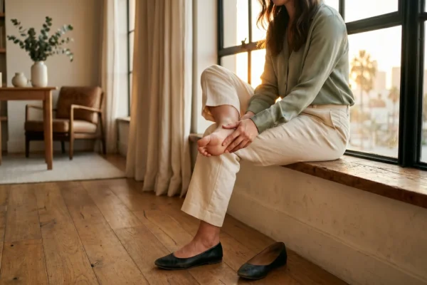 A woman in cream linen trousers and a sage-green silk blouse sits on a wide wooden windowsill in a sunlit Los Angeles interior, gently pressing the ball of her bare foot with both hands after removing her black leather flats, which sit empty on the oak floor below