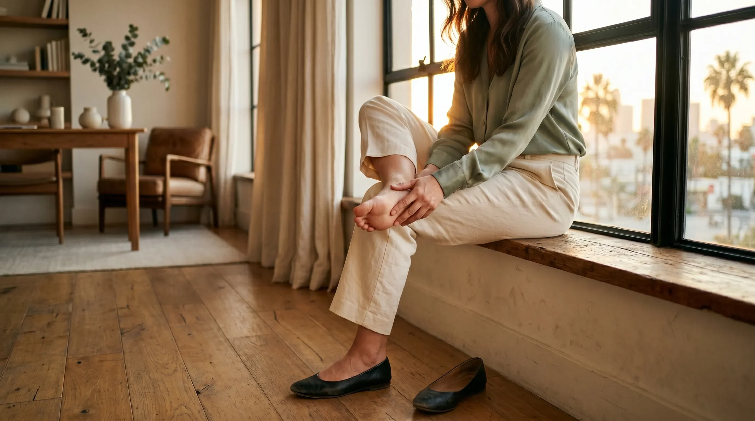 A woman in cream linen trousers and a sage-green silk blouse sits on a wide wooden windowsill in a sunlit Los Angeles interior, gently pressing the ball of her bare foot with both hands after removing her black leather flats, which sit empty on the oak floor below