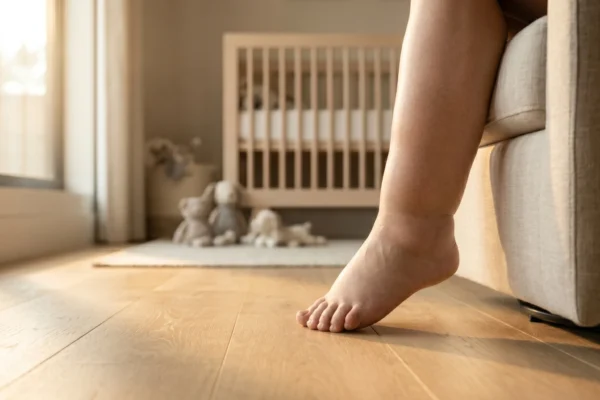 A close-up, low-angle composition of a bare lower leg and foot exhibiting visible ankle swelling, stepping onto a light oak hardwood floor from a textured armchair. Warm, directional golden hour sunlight streams from a window on the left, creating soft highlights on the skin's texture and emphasizing the dimensional contours of the edema through natural shadows. The background utilizes a shallow depth of field, softly blurring a neutral-toned nursery with a wooden crib to maintain strict visual focus on the physical condition of the foot and ankle.