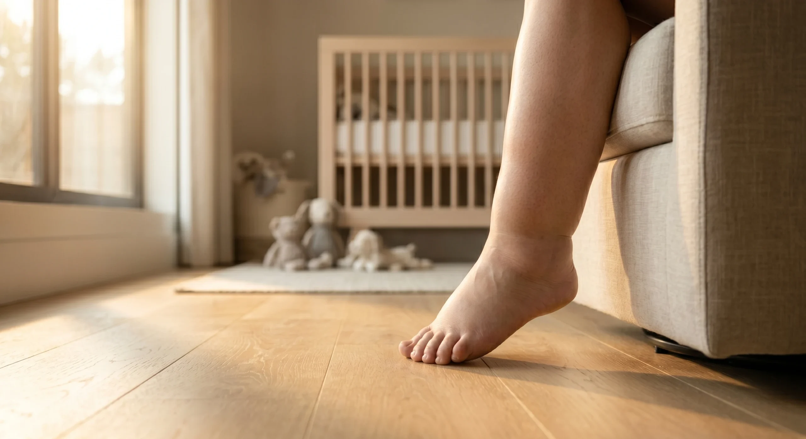 A close-up, low-angle composition of a bare lower leg and foot exhibiting visible ankle swelling, stepping onto a light oak hardwood floor from a textured armchair. Warm, directional golden hour sunlight streams from a window on the left, creating soft highlights on the skin's texture and emphasizing the dimensional contours of the edema through natural shadows. The background utilizes a shallow depth of field, softly blurring a neutral-toned nursery with a wooden crib to maintain strict visual focus on the physical condition of the foot and ankle.