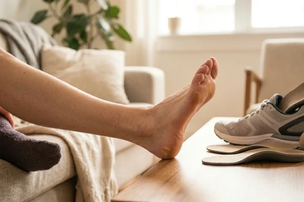 A side-angle, close-up shot illuminated by bright, diffused natural daylight streaming from a background window, creating a warm and airy atmosphere. The composition features a human lower leg and foot in the left foreground, resting on a polished wooden coffee table to showcase a prominent, steeply curved high arch with visible texture on the heel. On the right side of the frame, a grey running shoe, a pair of sculpted beige orthotic insoles, and a small massage ball are arranged neatly in sharp focus. The background consists of a softly blurred, neutral-toned living room setting, utilizing a shallow depth of field to emphasize the sharp contours of the foot and the supportive podiatry tools.