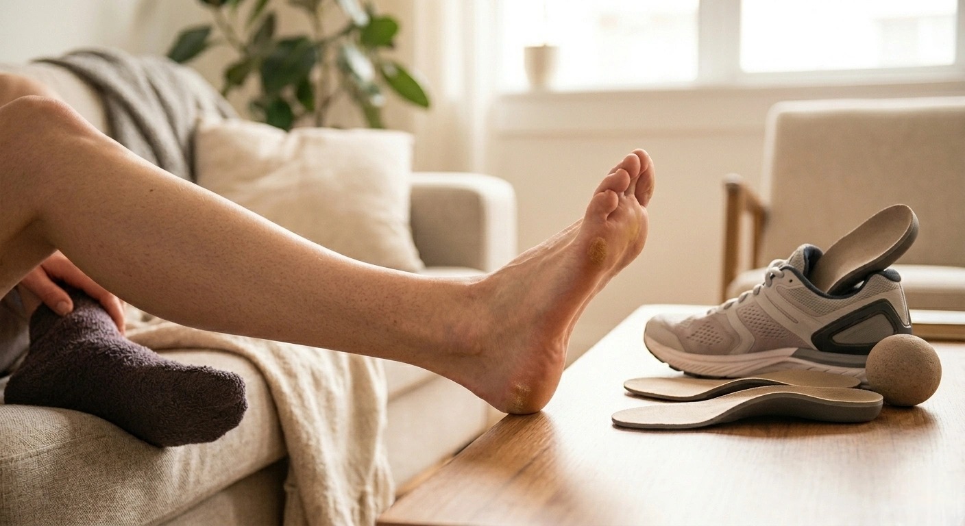 A side-angle, close-up shot illuminated by bright, diffused natural daylight streaming from a background window, creating a warm and airy atmosphere. The composition features a human lower leg and foot in the left foreground, resting on a polished wooden coffee table to showcase a prominent, steeply curved high arch with visible texture on the heel. On the right side of the frame, a grey running shoe, a pair of sculpted beige orthotic insoles, and a small massage ball are arranged neatly in sharp focus. The background consists of a softly blurred, neutral-toned living room setting, utilizing a shallow depth of field to emphasize the sharp contours of the foot and the supportive podiatry tools.