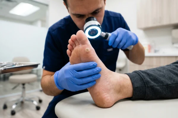 A close-up composition with a shallow depth of field, sharply focusing on the sole of a bare foot held by hands in bright blue nitrile gloves. The right gloved hand holds a circular magnifying device with an illuminated LED ring light directly over a small, textured spot on the skin. The lighting is characterized by cool, bright, and even clinical illumination, complemented by the intense, localized ring of white light from the magnifier. The background falls into a soft blur (bokeh), showing muted gray and white tones of a medical exam room, including out-of-focus cabinets and a metal tray. The examiner wears dark blue scrubs with a tiny, illegible white text logo blurred on the left chest pocket.
