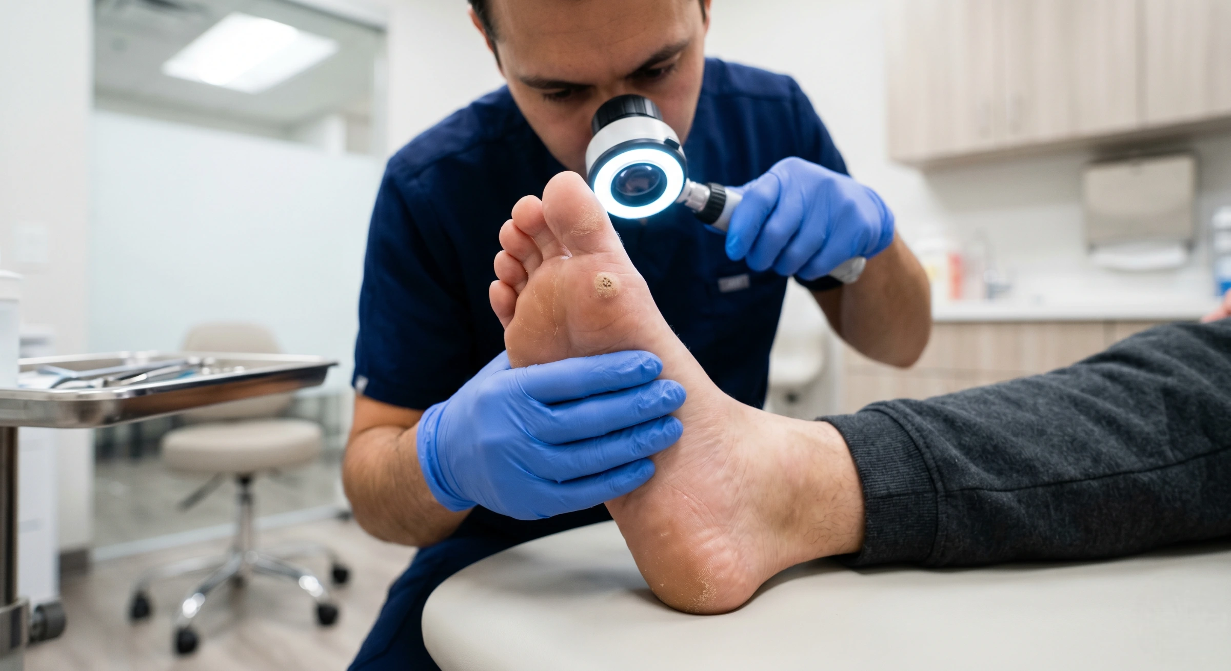 A close-up composition with a shallow depth of field, sharply focusing on the sole of a bare foot held by hands in bright blue nitrile gloves. The right gloved hand holds a circular magnifying device with an illuminated LED ring light directly over a small, textured spot on the skin. The lighting is characterized by cool, bright, and even clinical illumination, complemented by the intense, localized ring of white light from the magnifier. The background falls into a soft blur (bokeh), showing muted gray and white tones of a medical exam room, including out-of-focus cabinets and a metal tray. The examiner wears dark blue scrubs with a tiny, illegible white text logo blurred on the left chest pocket.