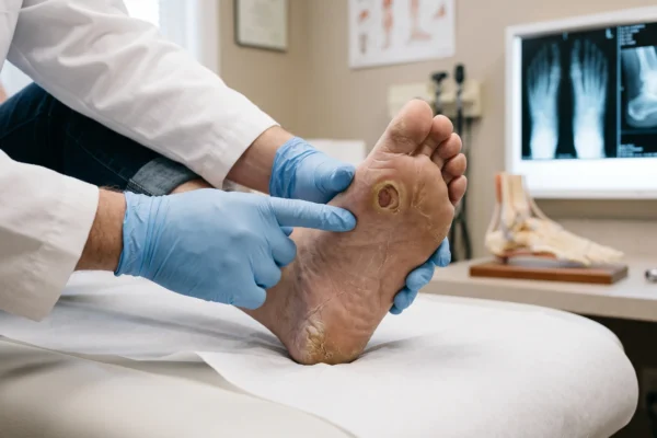 A detailed clinical photograph, in medium close-up, focusing on a doctor's two blue nitrile-gloved hands examining a patient's foot resting on white paper on an exam table. The patient's foot, positioned on the right side of the frame, has a prominent, non-healing neuropathic ulcer with thick callous edges near the metatarsal heads. The surrounding skin is dry and fissured. One gloved hand supports the foot, and the other index finger is carefully poised near the edge of the ulcer. The sleeve of a white lab coat is visible. The composition is a sharp focus on the foot and hands. The background is a softly blurred medical office, with an active X-ray viewbox on the wall displaying advanced Charcot foot x-rays and an anatomical model of a Charcot foot deformity. Cool, clean clinical overhead lighting illuminates the scene.