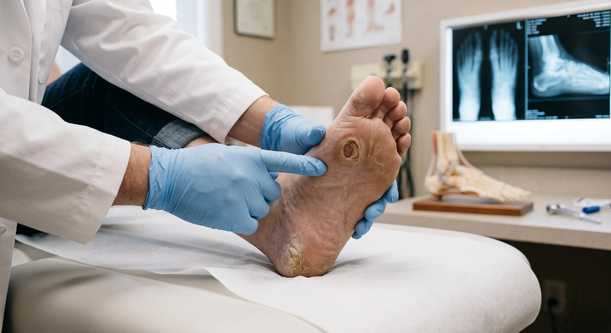 A detailed clinical photograph, in medium close-up, focusing on a doctor's two blue nitrile-gloved hands examining a patient's foot resting on white paper on an exam table. The patient's foot, positioned on the right side of the frame, has a prominent, non-healing neuropathic ulcer with thick callous edges near the metatarsal heads. The surrounding skin is dry and fissured. One gloved hand supports the foot, and the other index finger is carefully poised near the edge of the ulcer. The sleeve of a white lab coat is visible. The composition is a sharp focus on the foot and hands. The background is a softly blurred medical office, with an active X-ray viewbox on the wall displaying advanced Charcot foot x-rays and an anatomical model of a Charcot foot deformity. Cool, clean clinical overhead lighting illuminates the scene.
