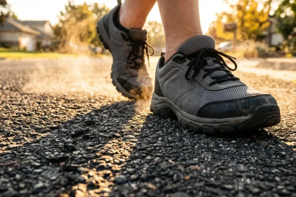 Low-angle close-up of grey and black mesh closed-toe athletic shoes walking across dark textured asphalt. Warm golden-hour sunlight backlights the scene, casting long shadows and illuminating a visible heat shimmer rising from the hot pavement against a softly blurred suburban street background.
