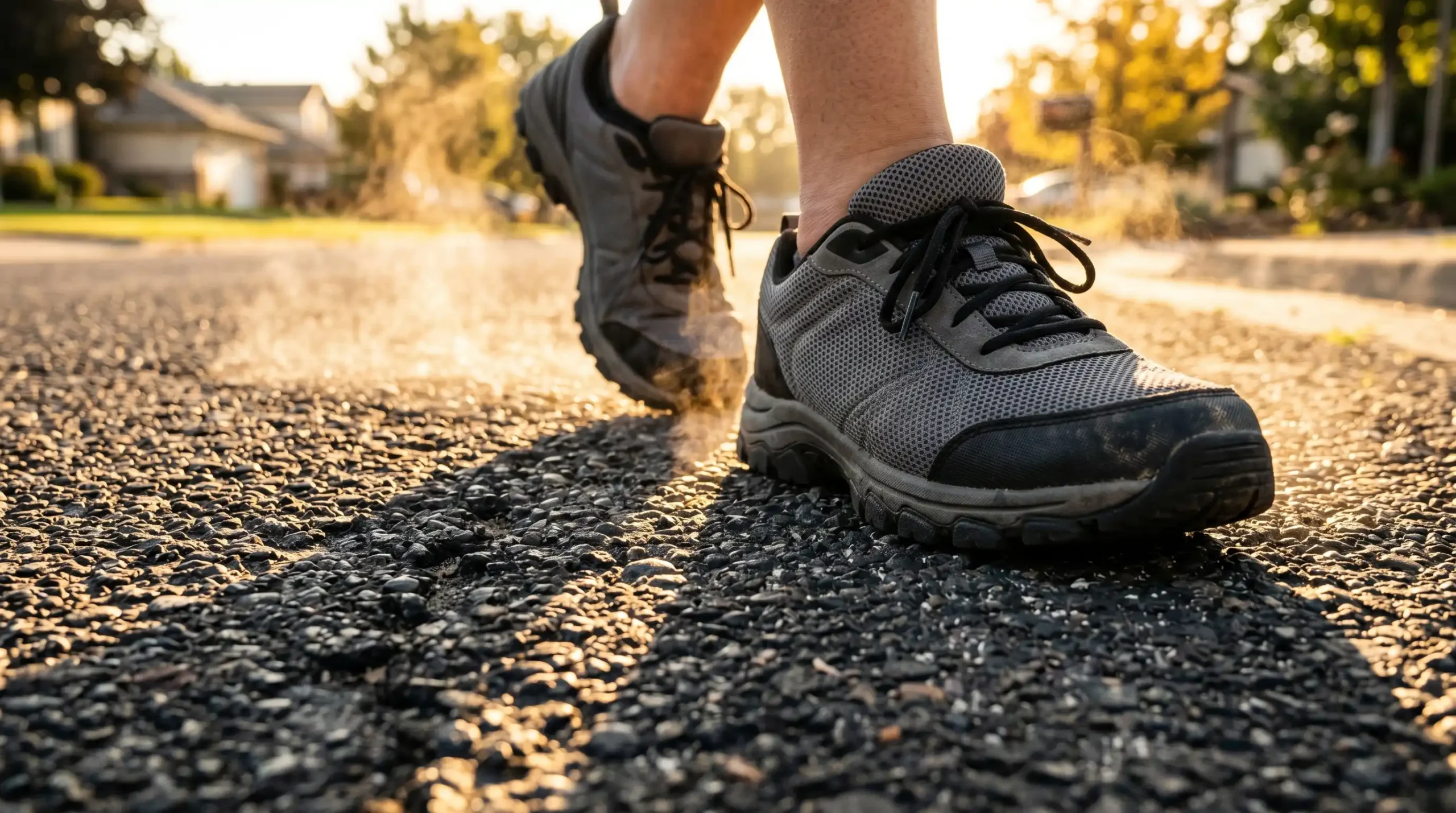 Low-angle close-up of grey and black mesh closed-toe athletic shoes walking across dark textured asphalt. Warm golden-hour sunlight backlights the scene, casting long shadows and illuminating a visible heat shimmer rising from the hot pavement against a softly blurred suburban street background.