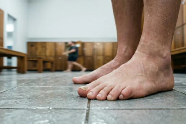 Low-angle close-up of bare wet feet standing on a wet grey tiled gym locker-room floor, with the big toenail showing thickening and yellow discoloration typical of toenail fungus; blurred wooden lockers, benches, and a person walking by in the background.
