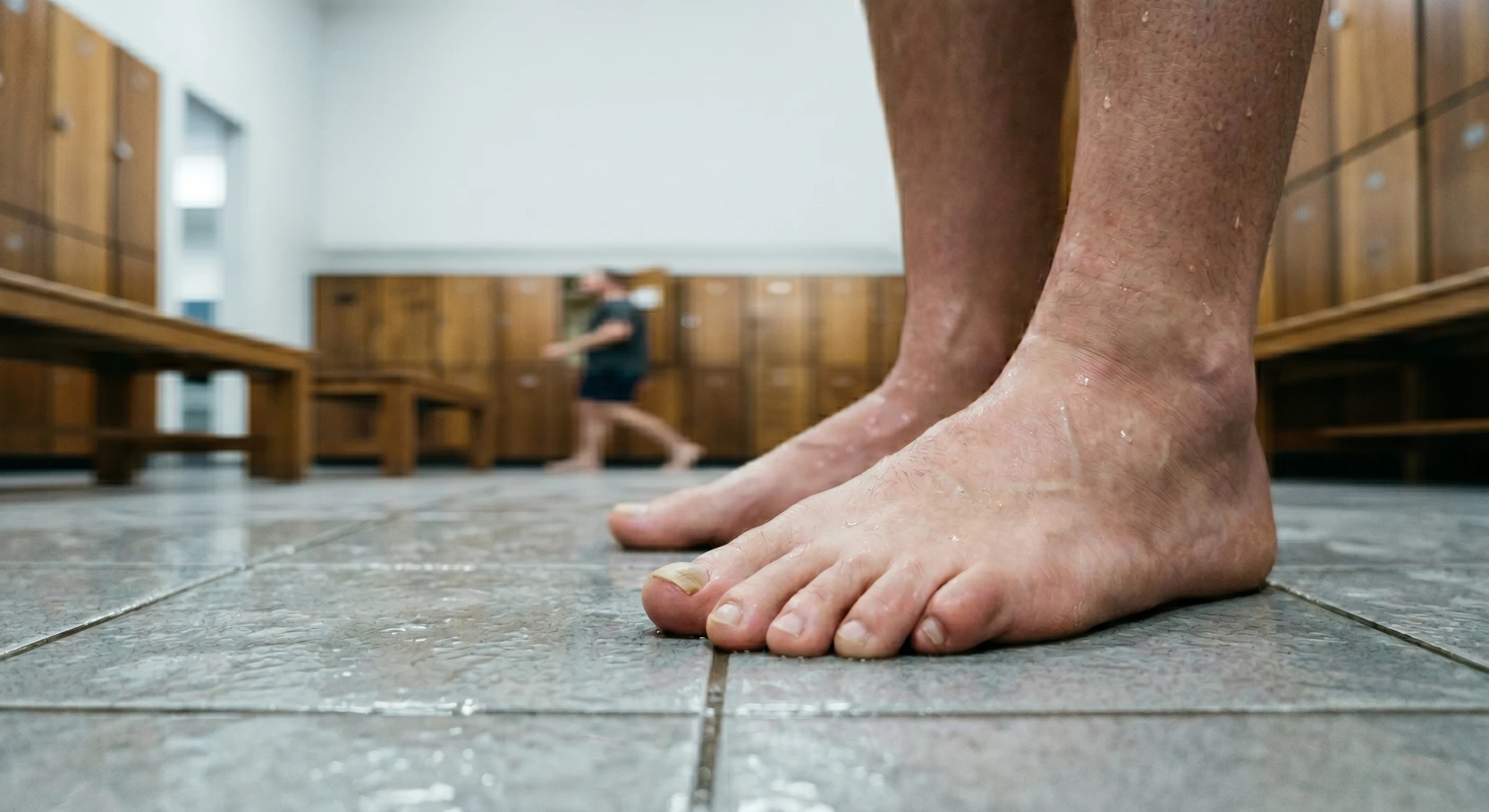 Low-angle close-up of bare wet feet standing on a wet grey tiled gym locker-room floor, with the big toenail showing thickening and yellow discoloration typical of toenail fungus; blurred wooden lockers, benches, and a person walking by in the background.