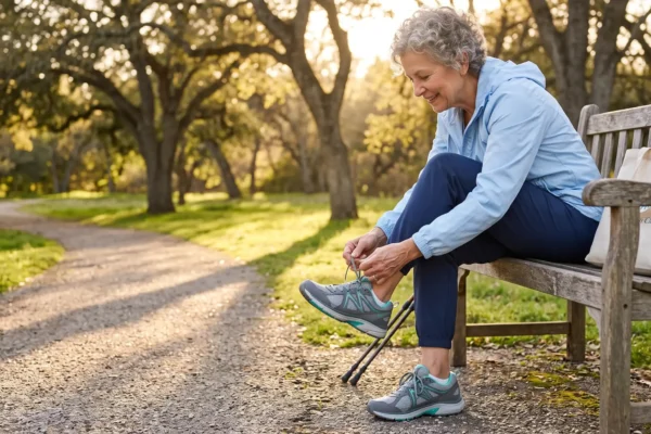 A smiling older woman laces up supportive walking sneakers on a park bench at golden hour, walking poles and a clinic tote beside her, ready for a pain-free walk.