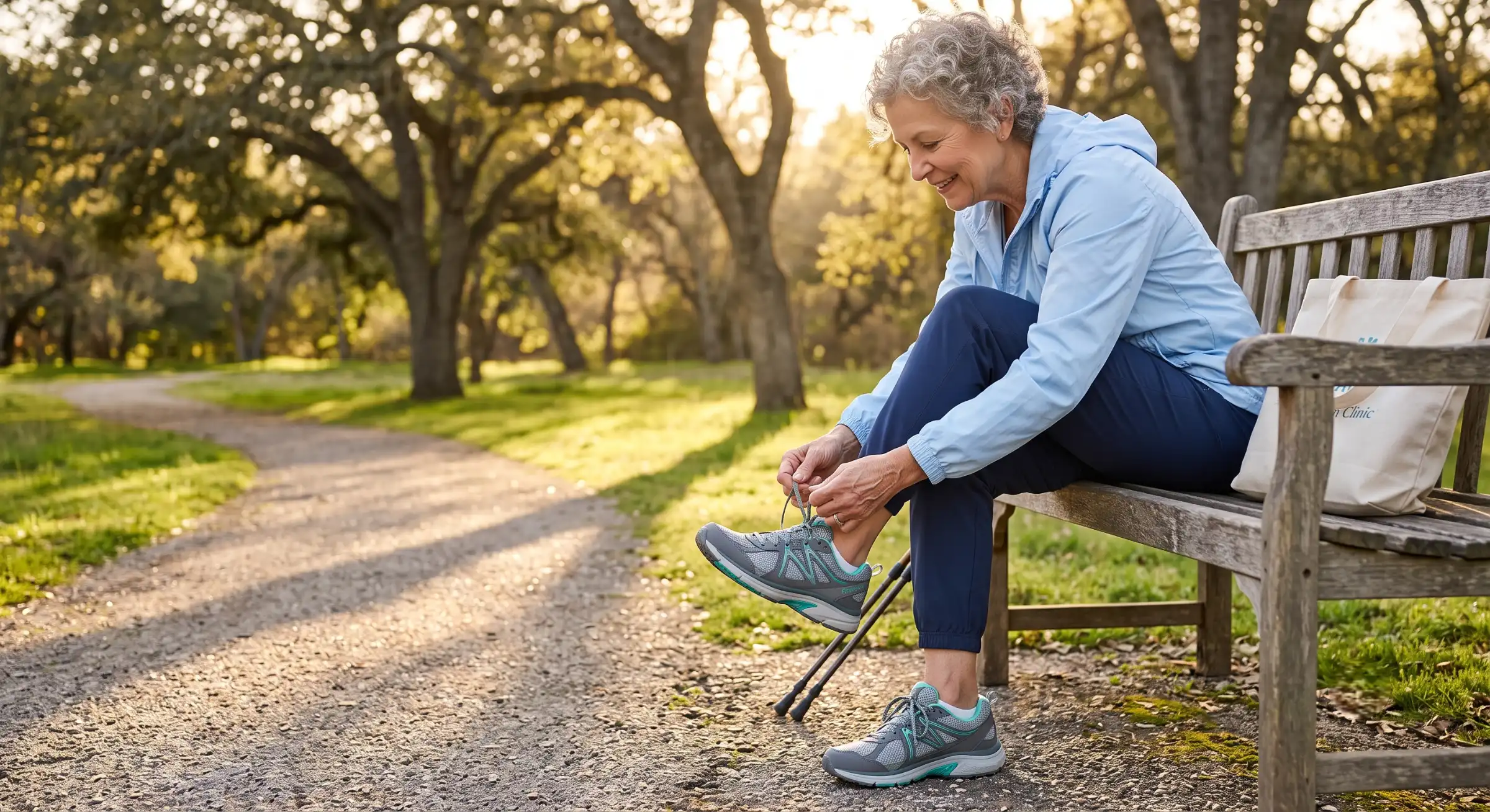 A smiling older woman laces up supportive walking sneakers on a park bench at golden hour, walking poles and a clinic tote beside her, ready for a pain-free walk.