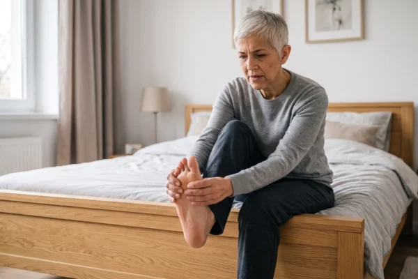 A medium-close-up, photorealistic color photograph with a shallow depth of field. Natural, cool window light illuminates a middle-aged woman with short, grey hair, sitting on the edge of a light-wood bed frame. Her body is hunched forward in a grey sweater and dark pants, her face displaying a furrowed brow and pained expression directed down at her hands. Both hands are clasped tightly around her bare left foot, specifically pressing the dorsal (top) surface where the skin is pale and tendons are visible. The composition is focused sharply on the painful expression and the foot being held, while the background—which includes soft-focus grey curtains, a white radiator, a small bedside lamp, and framed pictures above the bed—is softly blurred, creating a warm and private bedroom setting. There is no text on any visible objects.