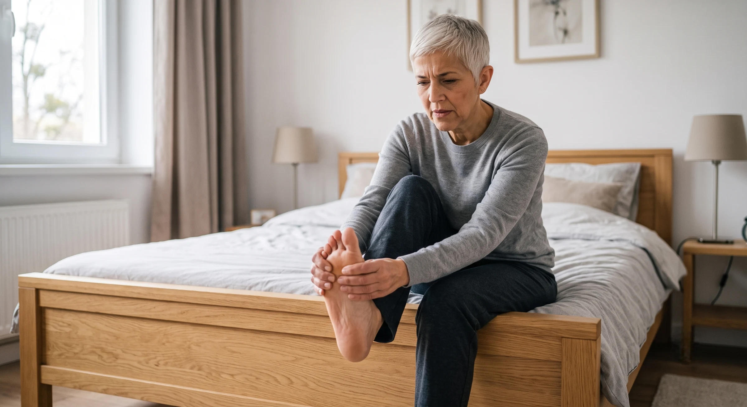 A medium-close-up, photorealistic color photograph with a shallow depth of field. Natural, cool window light illuminates a middle-aged woman with short, grey hair, sitting on the edge of a light-wood bed frame. Her body is hunched forward in a grey sweater and dark pants, her face displaying a furrowed brow and pained expression directed down at her hands. Both hands are clasped tightly around her bare left foot, specifically pressing the dorsal (top) surface where the skin is pale and tendons are visible. The composition is focused sharply on the painful expression and the foot being held, while the background—which includes soft-focus grey curtains, a white radiator, a small bedside lamp, and framed pictures above the bed—is softly blurred, creating a warm and private bedroom setting. There is no text on any visible objects.