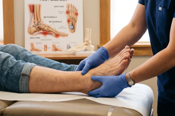 A medium close-up photograph under soft, natural light from a window to the left, capturing a healthcare provider in a blue scrub top and blue-gloved hands examining a patient's bare foot. The patient, wearing blue jeans, is lying on a medical examination table covered in white paper. The provider's hands hold the foot near the ankle and arch, with the central focus on the physical examination. In the background, a detailed anatomical wall chart is visible, clearly titled “FOOT ANATOMY” with smaller labels like “ARCH PAIN” and “METATARSALS”. Below the chart, a small, multi-piece human foot skeleton model is on display.