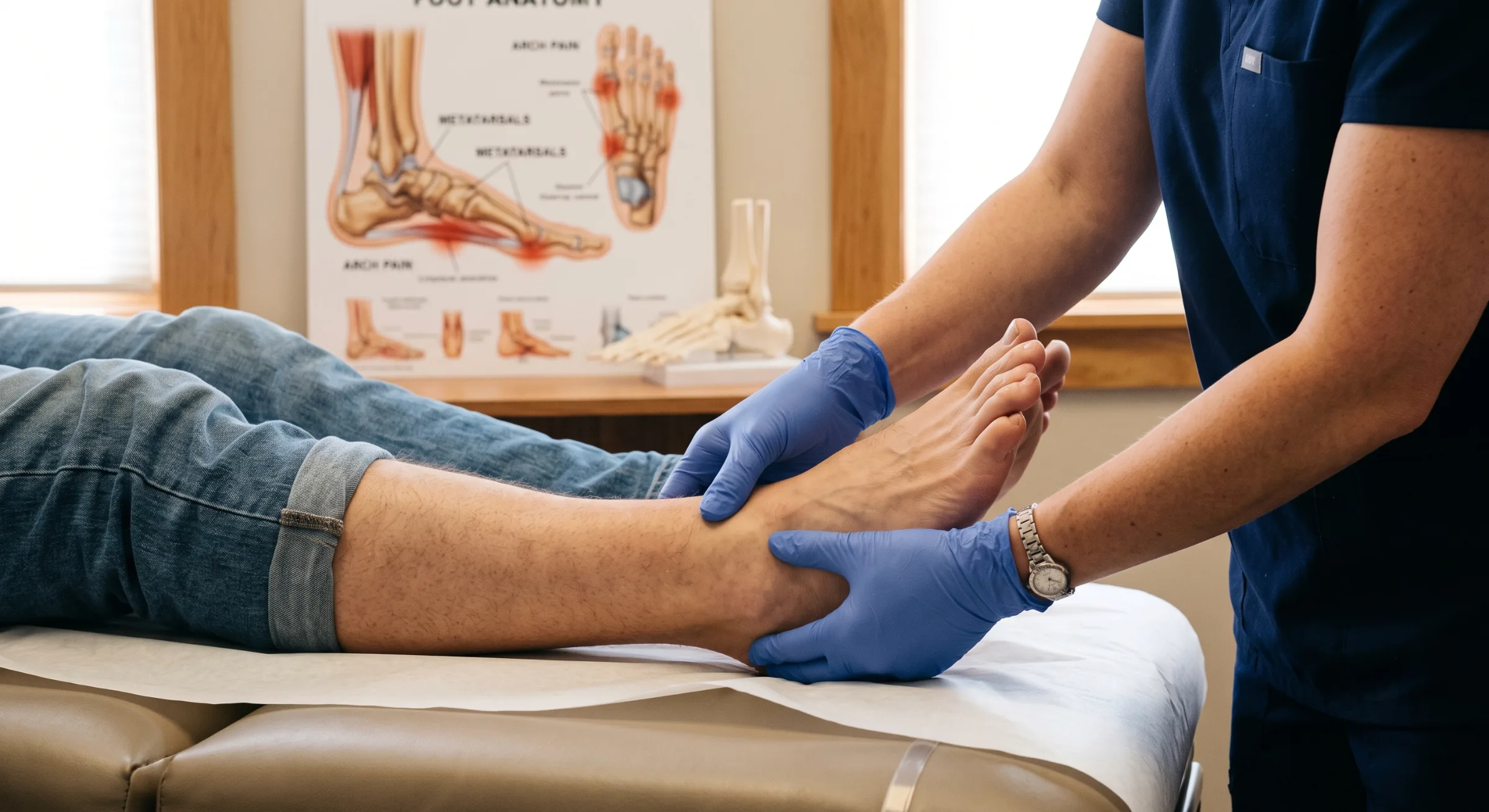 A medium close-up photograph under soft, natural light from a window to the left, capturing a healthcare provider in a blue scrub top and blue-gloved hands examining a patient's bare foot. The patient, wearing blue jeans, is lying on a medical examination table covered in white paper. The provider's hands hold the foot near the ankle and arch, with the central focus on the physical examination. In the background, a detailed anatomical wall chart is visible, clearly titled “FOOT ANATOMY” with smaller labels like “ARCH PAIN” and “METATARSALS”. Below the chart, a small, multi-piece human foot skeleton model is on display.