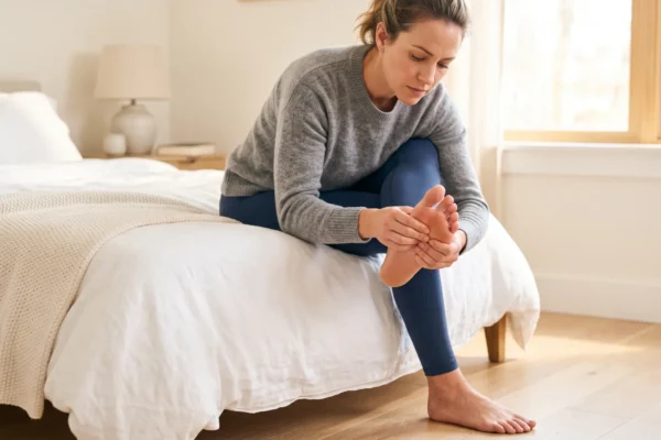 A brightly lit, photorealistic composition with a shallow depth of field, focusing on a person sitting on the edge of a white-blanketed bed. Soft, warm natural morning light flows in from a window on the right, casting gentle highlights on the person's grey sweater, blue leggings, and bare skin. The central focus of the frame is the person's hands firmly cupping and pressing into the ball of their right foot. The background consists of a softly blurred, uncluttered bedroom setting in warm, neutral tones. The image has a clean, inviting aesthetic with no text or logos present.
