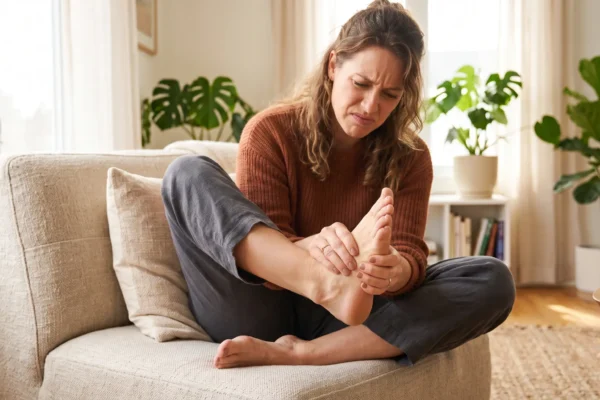 Brightly lit, warm-toned editorial photograph with a central composition. Soft natural daylight streams from the left, creating a shallow depth of field that sharply focuses on the foreground—hands gripping a bare foot alongside a pained facial expression. The background fades into a softly blurred, airy living space with green plants. No text is present on the image.