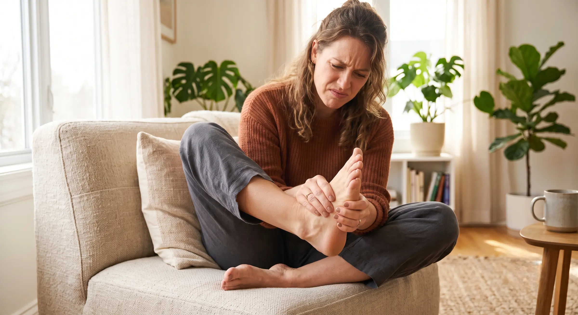 Brightly lit, warm-toned editorial photograph with a central composition. Soft natural daylight streams from the left, creating a shallow depth of field that sharply focuses on the foreground—hands gripping a bare foot alongside a pained facial expression. The background fades into a softly blurred, airy living space with green plants. No text is present on the image.