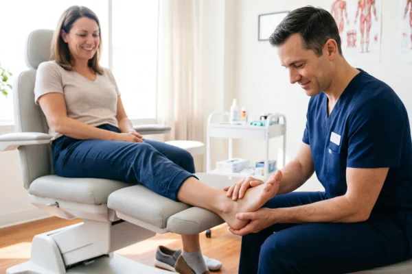 A brightly lit, airy composition illuminated by soft, natural sunlight streaming in from a window on the left, creating a warm and inviting atmosphere with gentle highlights. The medium-wide shot utilizes a shallow depth of field, keeping the central focus sharp on the interaction between the doctor's hands and the patient's bare foot in the foreground, while softly blurring the clean, white clinical environment behind them. The color palette is vibrant and true-to-life, contrasting deep navy blues against neutral greys, crisp whites, and warm skin tones. A small, rectangular white name badge with blurred, illegible text is pinned to the chest pocket of the doctor's scrubs, and faint, unreadable text is visible on the out-of-focus anatomical posters hanging on the back wall.