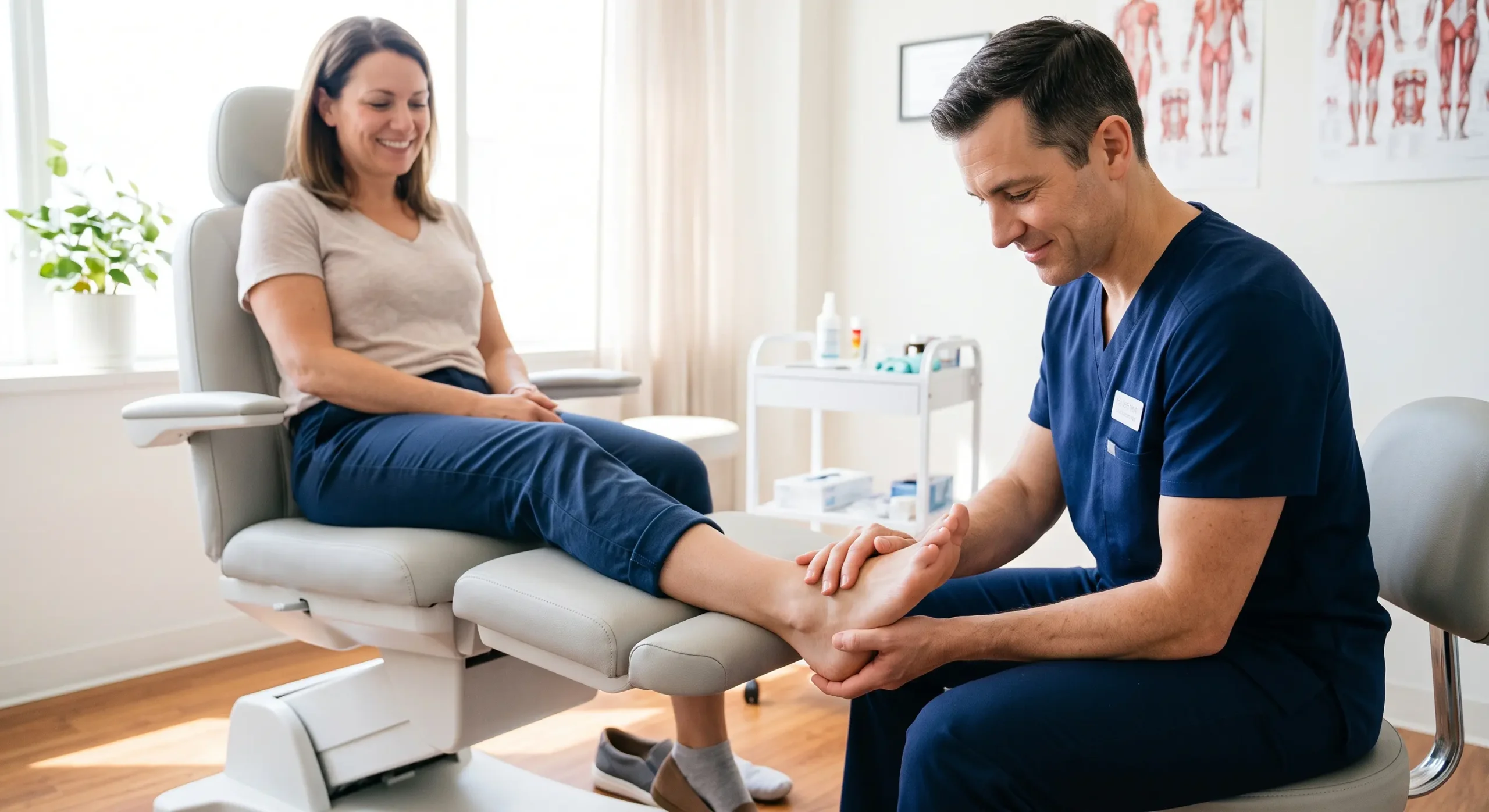 A brightly lit, airy composition illuminated by soft, natural sunlight streaming in from a window on the left, creating a warm and inviting atmosphere with gentle highlights. The medium-wide shot utilizes a shallow depth of field, keeping the central focus sharp on the interaction between the doctor's hands and the patient's bare foot in the foreground, while softly blurring the clean, white clinical environment behind them. The color palette is vibrant and true-to-life, contrasting deep navy blues against neutral greys, crisp whites, and warm skin tones. A small, rectangular white name badge with blurred, illegible text is pinned to the chest pocket of the doctor's scrubs, and faint, unreadable text is visible on the out-of-focus anatomical posters hanging on the back wall.