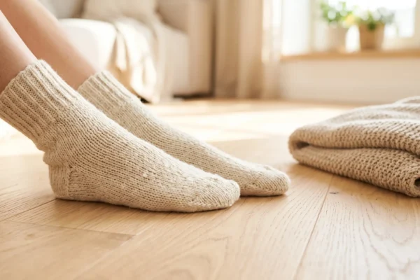 A warm, sunlit composition shot from a low angle, focusing tightly on feet wearing thick, textured cream knit socks resting on a pale wood floor. Bright natural light streams from the background, casting soft, directional shadows and highlighting the chunky yarn textures of the socks and a folded knit blanket resting to the right. The background is a softly blurred, airy domestic space with warm, inviting tones.
