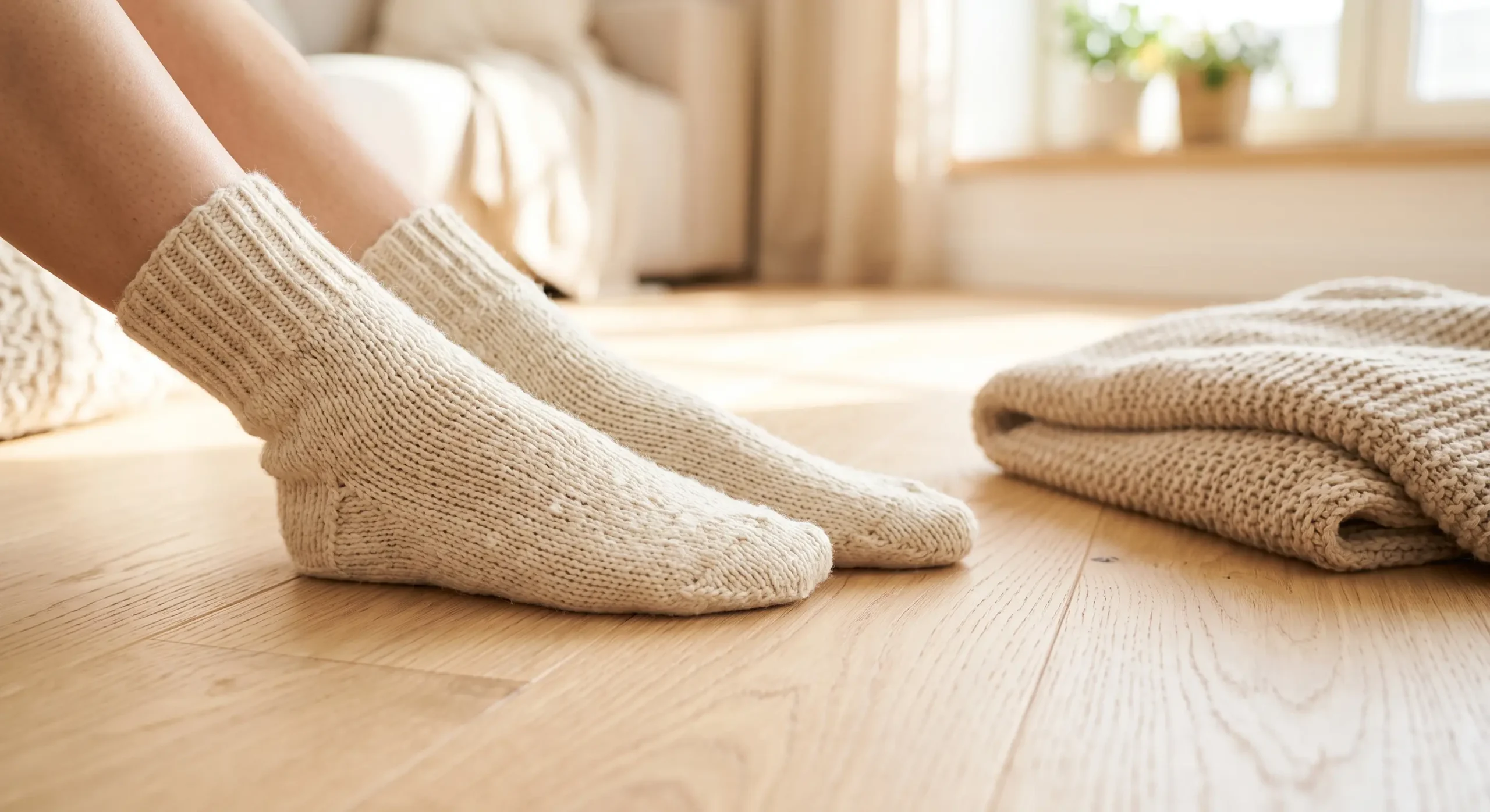 A warm, sunlit composition shot from a low angle, focusing tightly on feet wearing thick, textured cream knit socks resting on a pale wood floor. Bright natural light streams from the background, casting soft, directional shadows and highlighting the chunky yarn textures of the socks and a folded knit blanket resting to the right. The background is a softly blurred, airy domestic space with warm, inviting tones.
