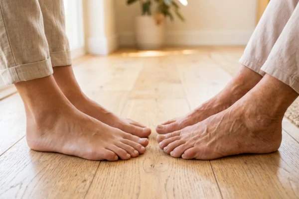 A close-up, ground-level composition of two pairs of bare feet facing each other on a light wooden floor, bathed in warm, bright natural sunlight. The photography is highly detailed and editorial, featuring a shallow depth of field that keeps the brightly lit feet in sharp focus while softly blurring the sunlit background, which hints at a woven rug and a plant. The warm lighting highlights the structural similarities and skin textures of the younger adult's feet on the left and the older adult's feet on the right, with no text present in the image.